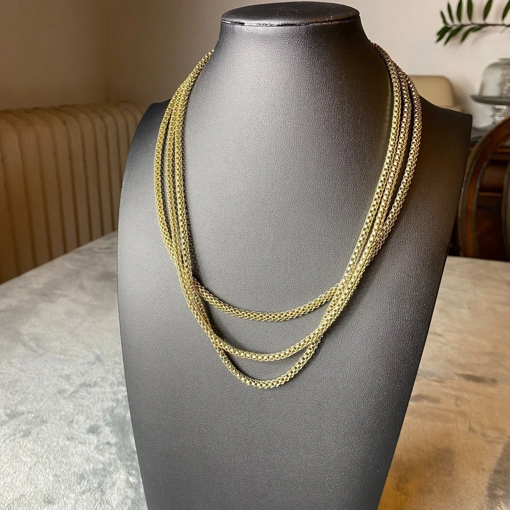 Gold Tone Mesh Style Triple Strand Chain Layered Necklace 20 inches Avon SAQ